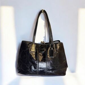 Coach Patent Leather Signature Stitched Kisslock Carryall Handbag